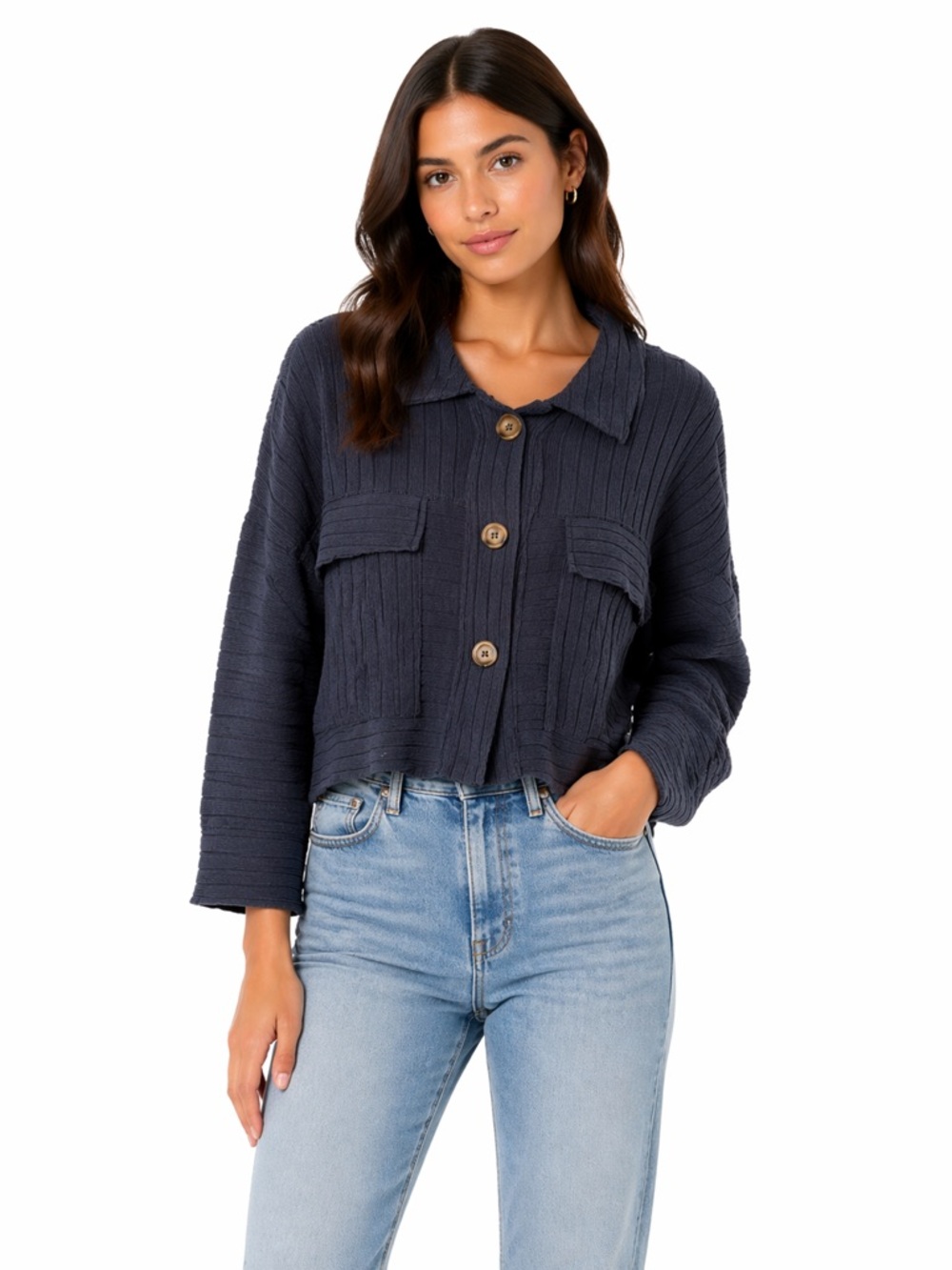 BUCKETLIST Navy Ribbed Button Jacket